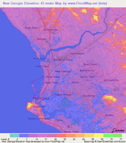 New Georgia,Liberia Elevation Map