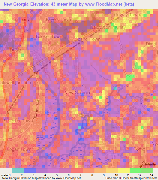 New Georgia,Liberia Elevation Map