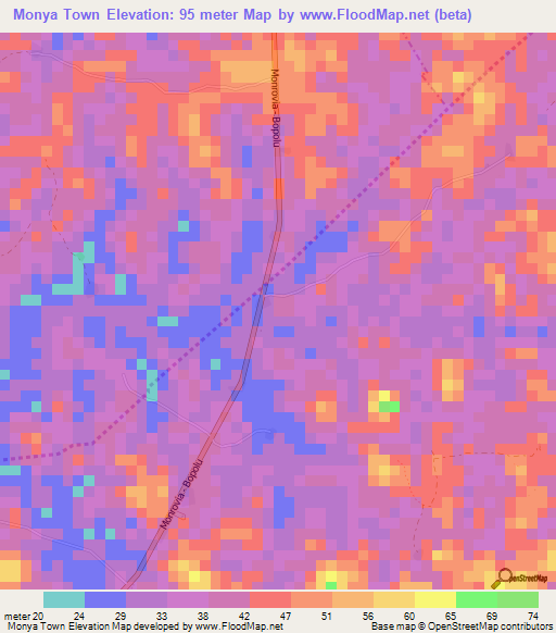 Monya Town,Liberia Elevation Map