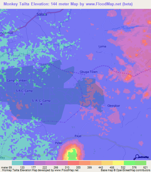 Monkey Tailta,Liberia Elevation Map