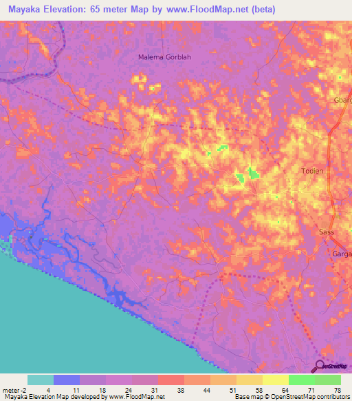 Mayaka,Liberia Elevation Map
