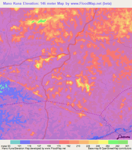 Mano Kuna,Liberia Elevation Map