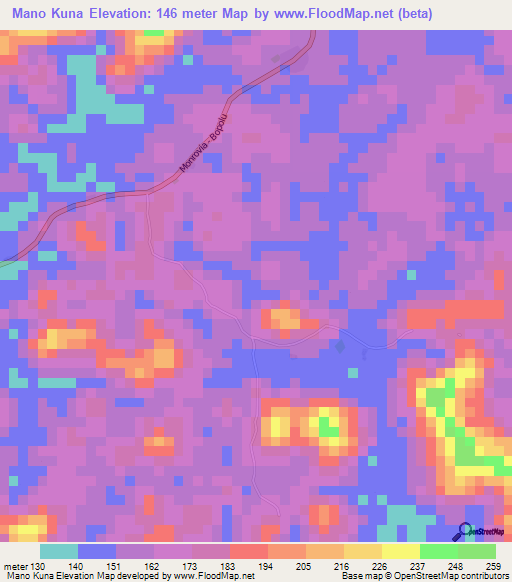 Mano Kuna,Liberia Elevation Map