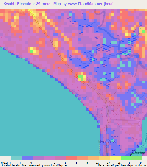 Kwabli,Liberia Elevation Map