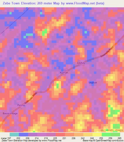 Zebe Town,Liberia Elevation Map