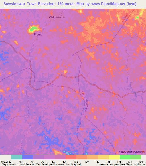 Saywionwor Town,Liberia Elevation Map