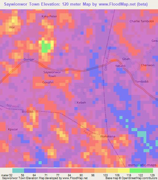 Saywionwor Town,Liberia Elevation Map