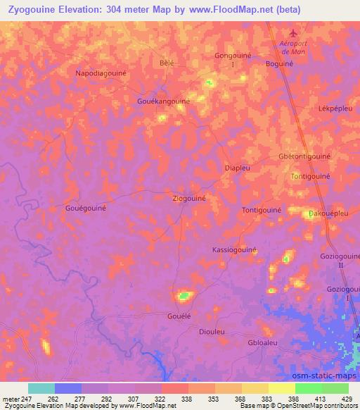 Zyogouine,Ivory Coast Elevation Map