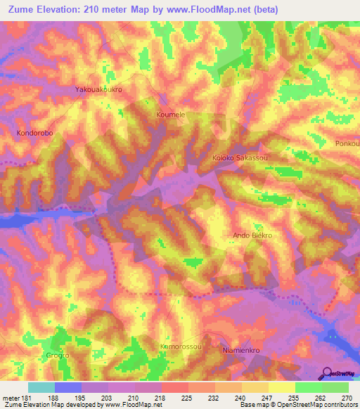 Zume,Ivory Coast Elevation Map