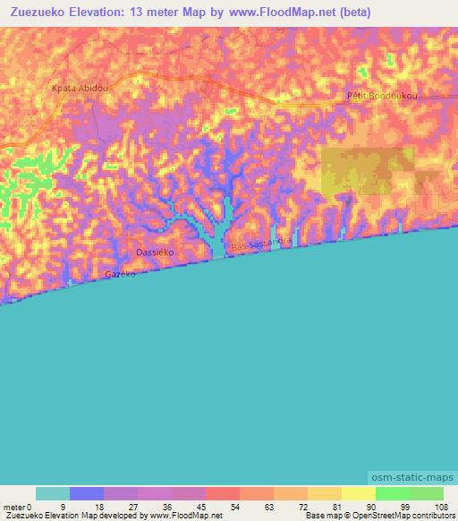 Zuezueko,Ivory Coast Elevation Map