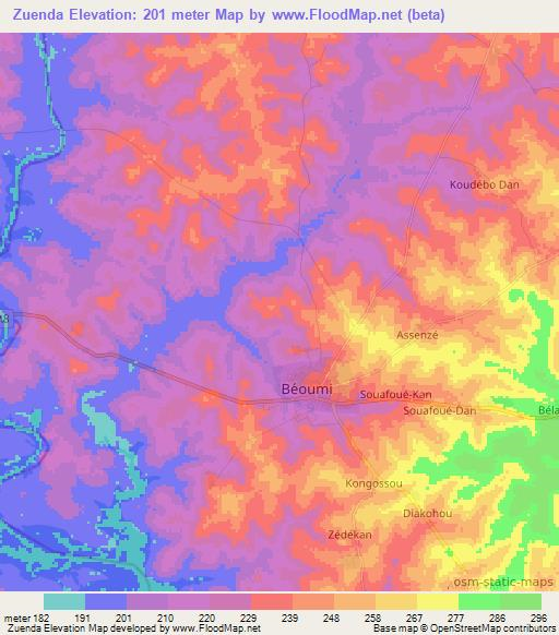 Zuenda,Ivory Coast Elevation Map