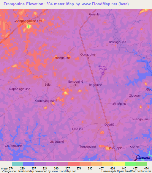Zrangouine,Ivory Coast Elevation Map