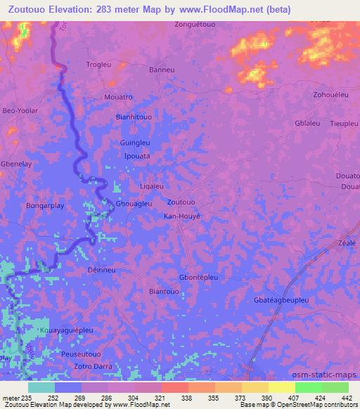 Zoutouo,Ivory Coast Elevation Map
