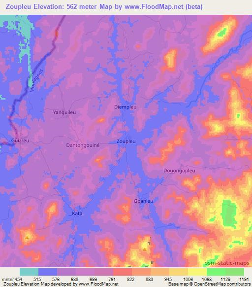 Zoupleu,Ivory Coast Elevation Map