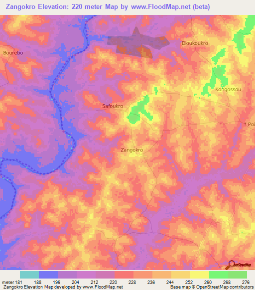 Zangokro,Ivory Coast Elevation Map