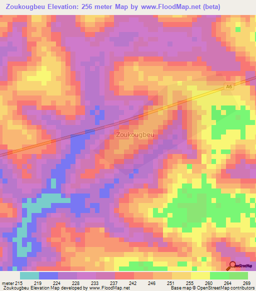Zoukougbeu,Ivory Coast Elevation Map