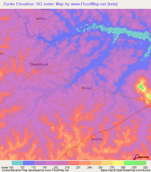 Zuoke,Ivory Coast Elevation Map
