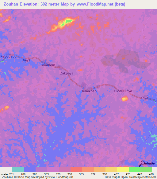 Zouhan,Ivory Coast Elevation Map