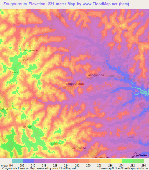 Zougourouta,Ivory Coast Elevation Map