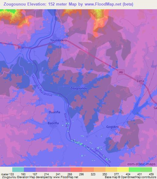 Zougounou,Ivory Coast Elevation Map