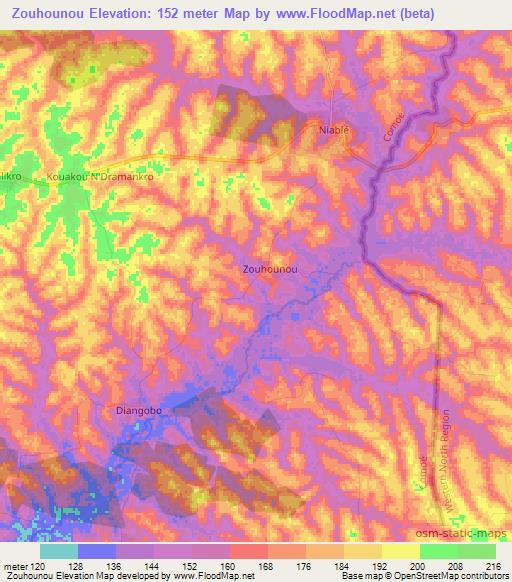 Zouhounou,Ivory Coast Elevation Map