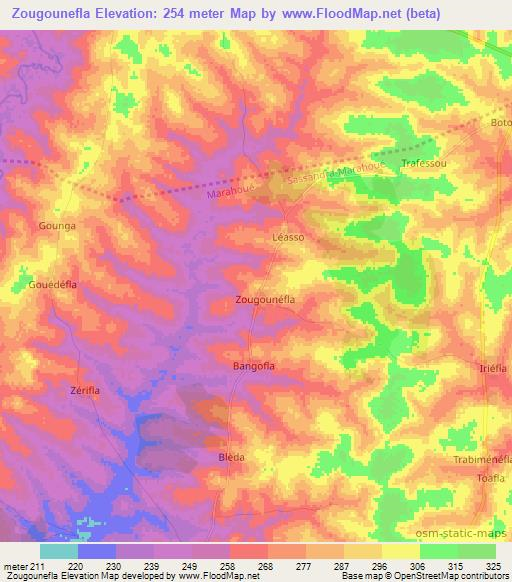 Zougounefla,Ivory Coast Elevation Map