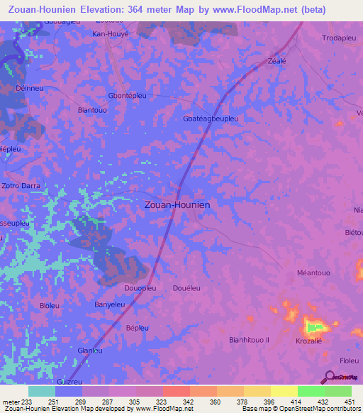 Zouan-Hounien,Ivory Coast Elevation Map