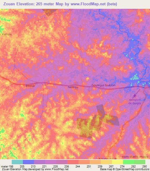 Zouan,Ivory Coast Elevation Map