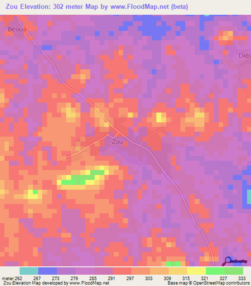 Zou,Ivory Coast Elevation Map