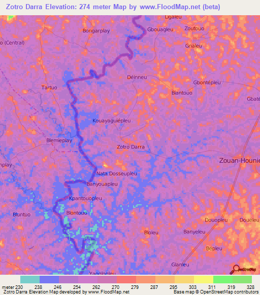 Zotro Darra,Ivory Coast Elevation Map