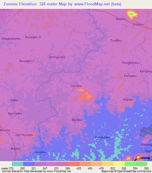 Zonneu,Ivory Coast Elevation Map