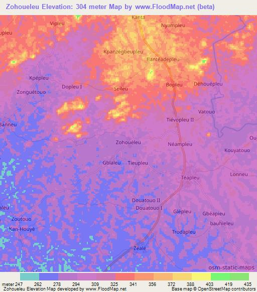 Zohoueleu,Ivory Coast Elevation Map