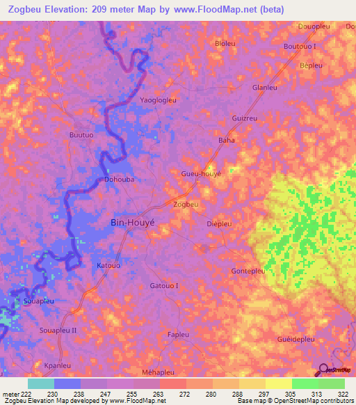 Zogbeu,Ivory Coast Elevation Map