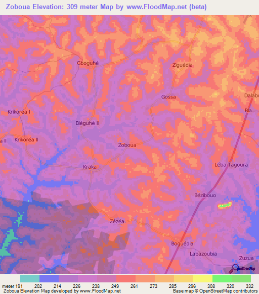 Zoboua,Ivory Coast Elevation Map