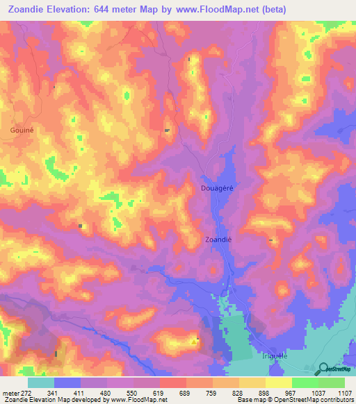 Zoandie,Ivory Coast Elevation Map