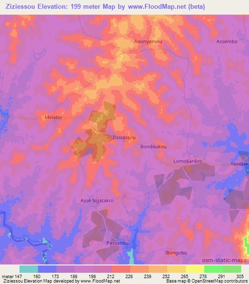 Ziziessou,Ivory Coast Elevation Map