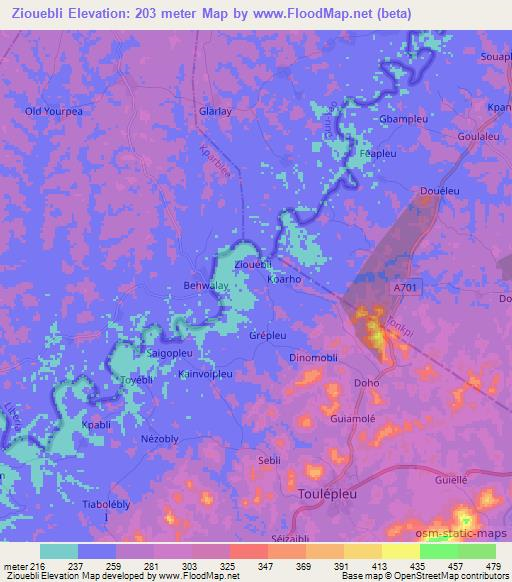 Ziouebli,Ivory Coast Elevation Map