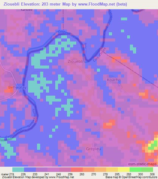 Ziouebli,Ivory Coast Elevation Map