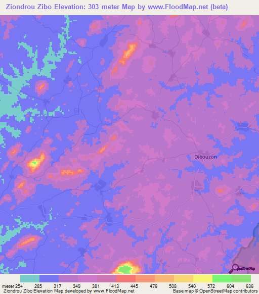 Ziondrou Zibo,Ivory Coast Elevation Map