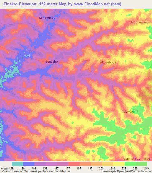 Zinekro,Ivory Coast Elevation Map
