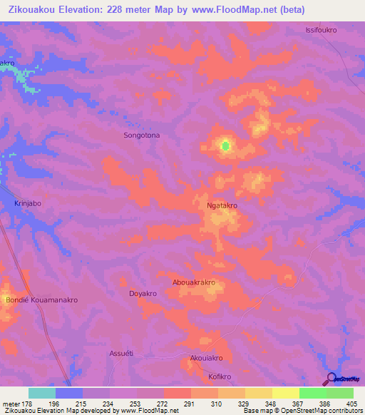 Zikouakou,Ivory Coast Elevation Map
