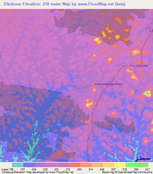 Zikoboue,Ivory Coast Elevation Map