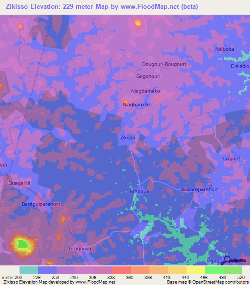 Zikisso,Ivory Coast Elevation Map
