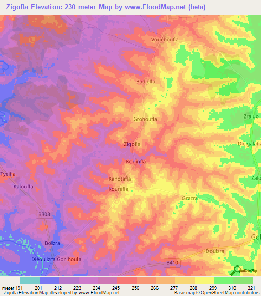 Zigofla,Ivory Coast Elevation Map