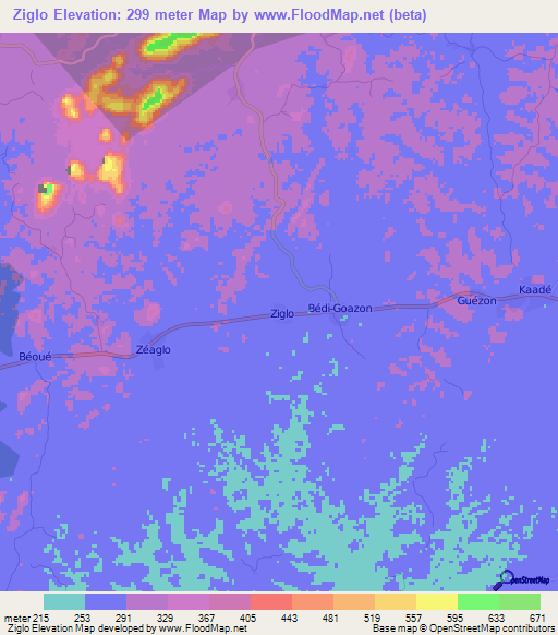 Ziglo,Ivory Coast Elevation Map