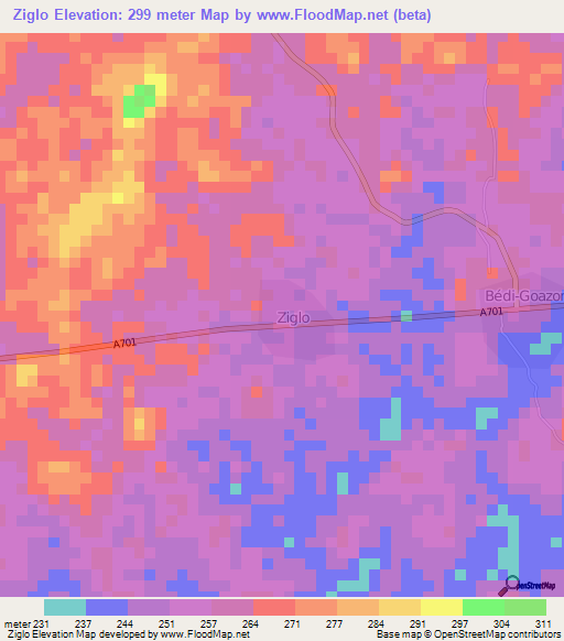 Ziglo,Ivory Coast Elevation Map