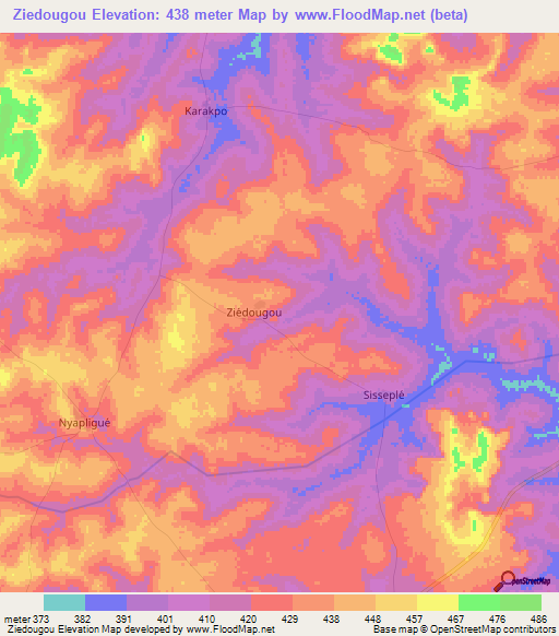 Ziedougou,Ivory Coast Elevation Map