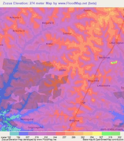 Zozua,Ivory Coast Elevation Map