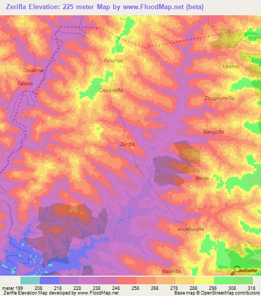 Zerifla,Ivory Coast Elevation Map