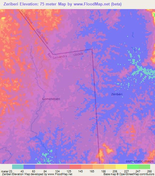 Zeriberi,Ivory Coast Elevation Map